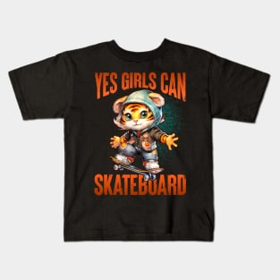 Yes Girls Can Skateboard - Cute Skateboarder Skater Cat Kids T-Shirt